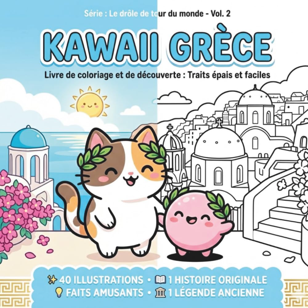 Le drôle de tour du monde - Vol. 2 : Grèce: Livre de coloriage Kawaii et éducatif sur la Grèce (Français) - Traits épais & Facile