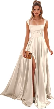 Womens Champagne Long Prom Dress with Slit 2025 Spaghetti Strapes Pleated Satin A Line Bridesmaid Dresses for Wedding US6