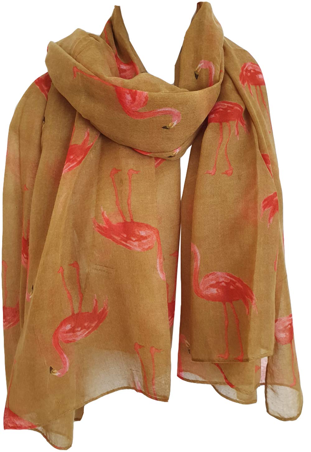 Glamlondon Women's Y19 - Mustard Watercolour Flamingo Scarf Lightweight Printed Fashion Oversize Wrap (Y19 - Mustard)
