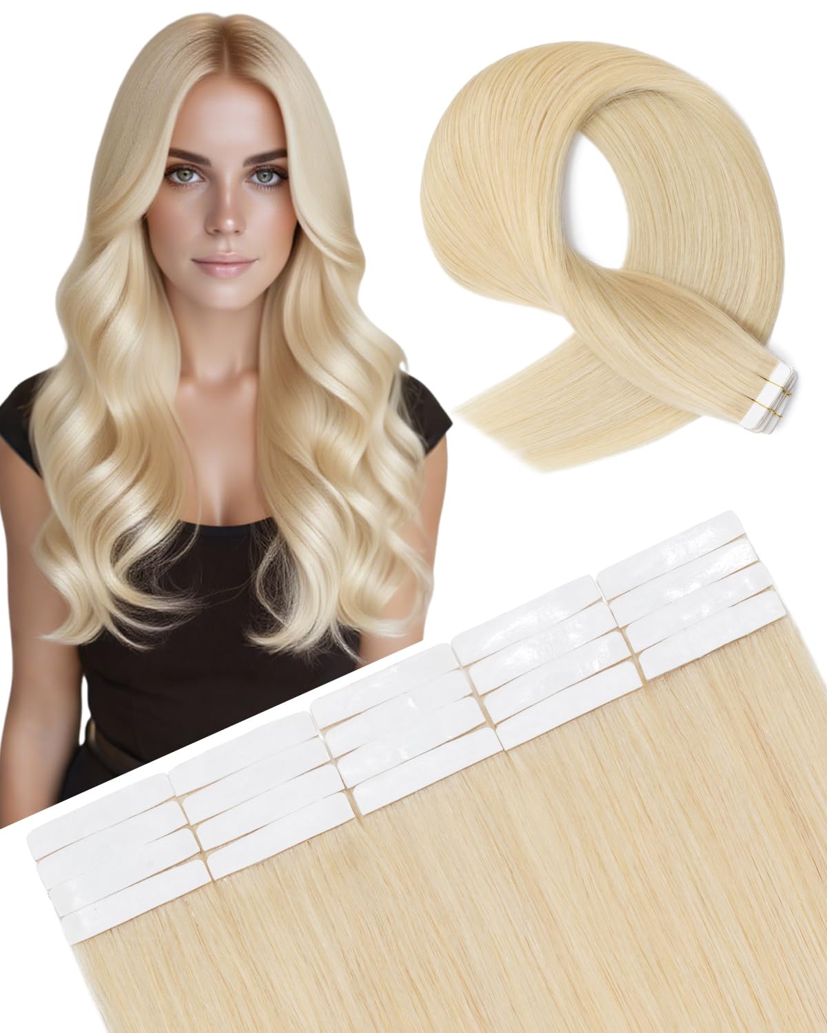 SLEEKALON Invisible Tape in Hair Extensions Real Human Hair 20 Pcs Thinned Version #613 Bleach Blonde