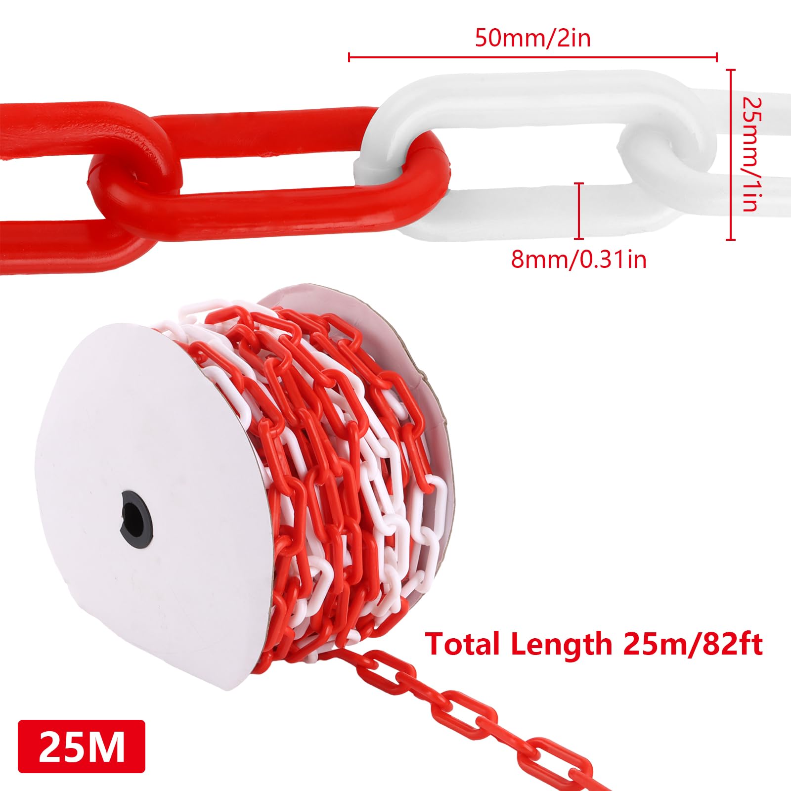 APACALI Cadena de seguridad de plástico de 25 m, color rojo y blanco, 8 mm, cadena de plástico para cerrar, cadena de plástico de las superficies, buena visibilidad, estable y manejable