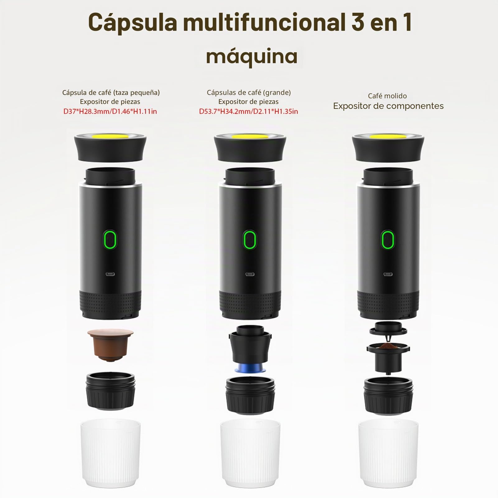 Cafetera Portátil Cápsula de Espresso 3 en 1, Cafetera de Viaje para Camping con cápsulas y café molido, 15 bar y frío y calefacción para coche, casa, viaje
