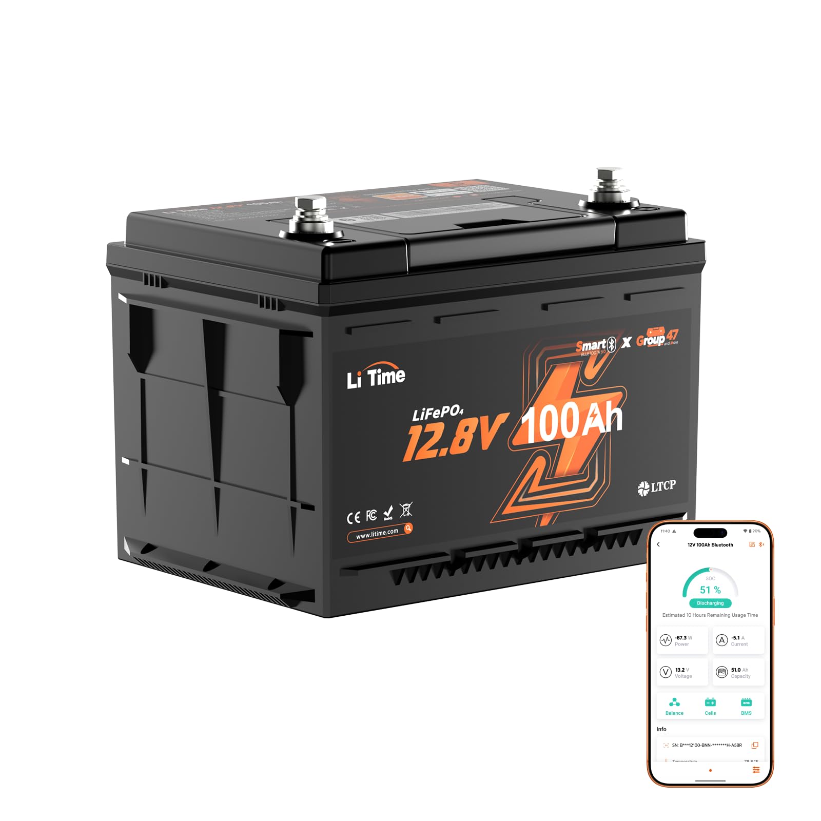 LiTime LiFePO4 12V 100Ah Bluetooth Lithium Batterie, H168 DIN H5 Untersitz-Akku mit 100A BMS & Niedrigtemperaturschutz 1280Wh Energie für Wohnmobil, Boot & Off-Grid Solaranlage