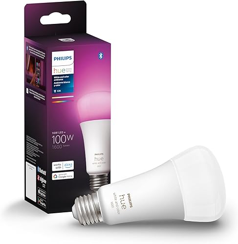 Philips Hue Bombilla LED inteligente A21 de 100 W, luz blanca y de color que cambia de color, 1 paquete, 1600 lúmenes, E26, interior, control con