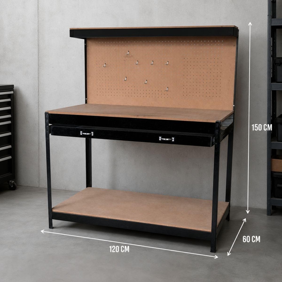 PROWELTEK - Etabli d'atelier Panneau porte outils perforé 120x60 xH150cm Etagère + Grand Tiroir de rangement