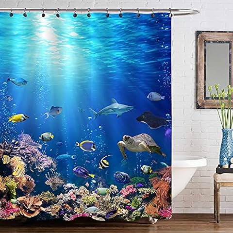 Underwater Scene with Coral Reef and Tropical Fish Shower Curtain Set for Ocean Themed Bathroom Decorations, Realistic Marine Wildlife Bathtub Accessories, Heavy Duty Fabric 72 W x 84 L, Blue Cover