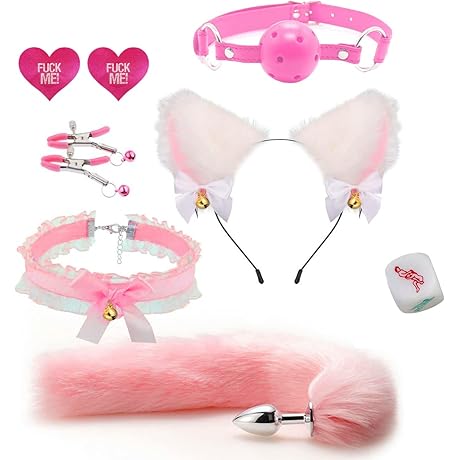 Costume Accessory Set Adults Plush Cat Ears Headband Choker Mouth Gag Ball...