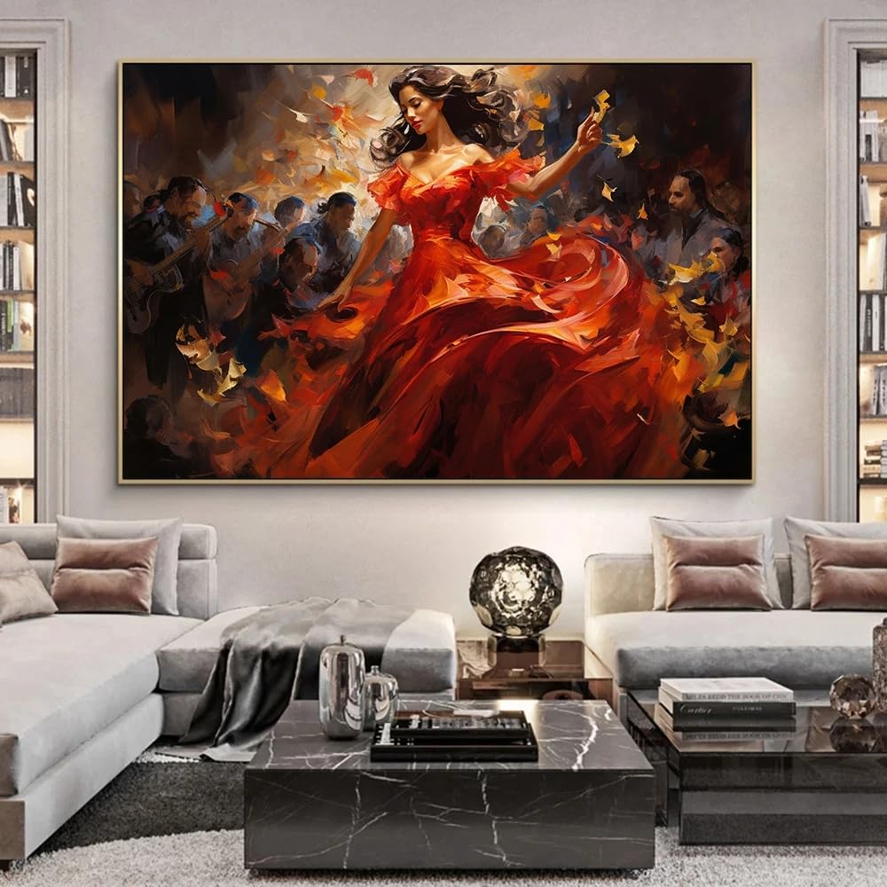 GKUVBF Affiche sur toile représentant une danseuse de flamenco espagnole colorée et abstraite en jupe rouge (80 x 120 cm, sans cadre) - Décoration intérieure
