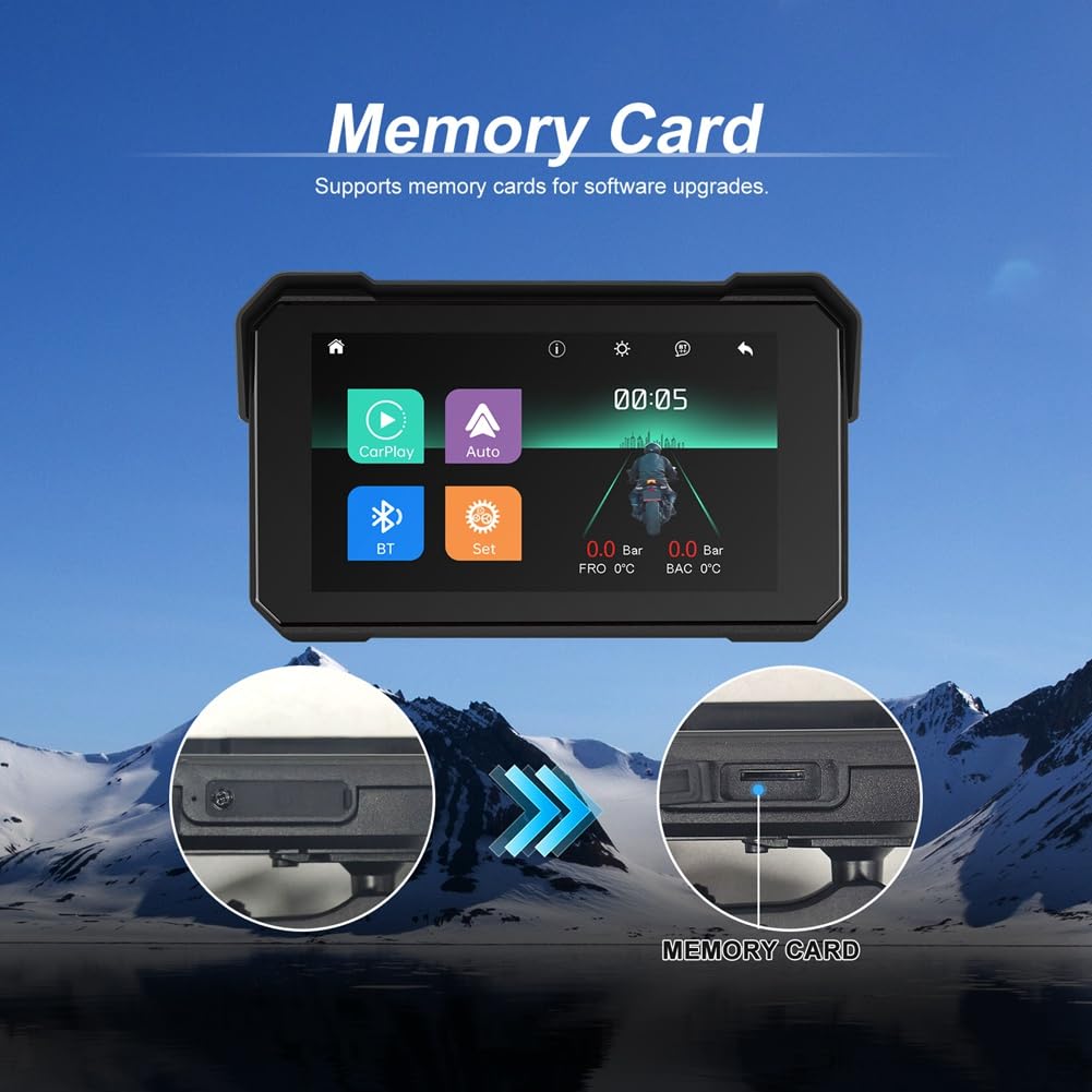 Schermo di Navigazione GPS Portatile per Moto da 5 Pollici, Wireless, Carplay, Android Auto, IP68, Display Impermeabile, Bluetooth
