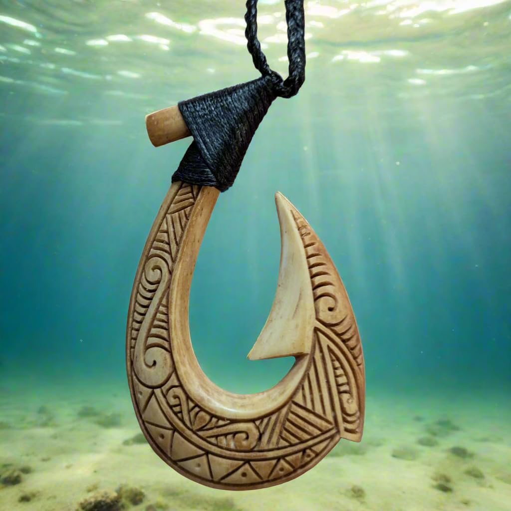 Master Carver Scrimshaw Aged Bone Stylized Hawaiian Fish Hook Necklace