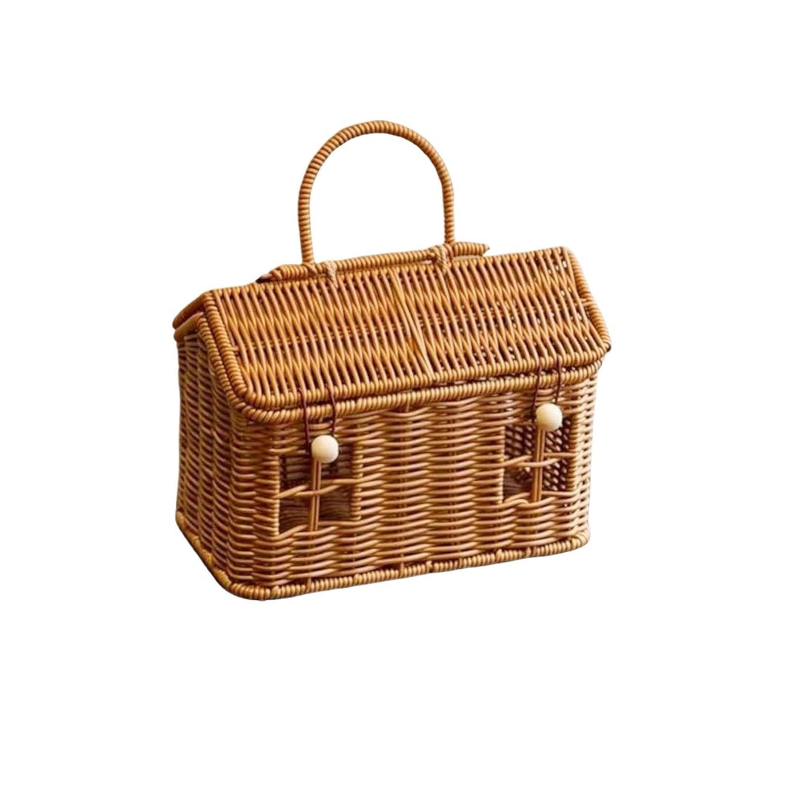 House Shaped Basket House Shape Rattan Basket Picnic Woven Storage Vintage Pastoral with Lid Rustic Handheld Box(Color 1)
