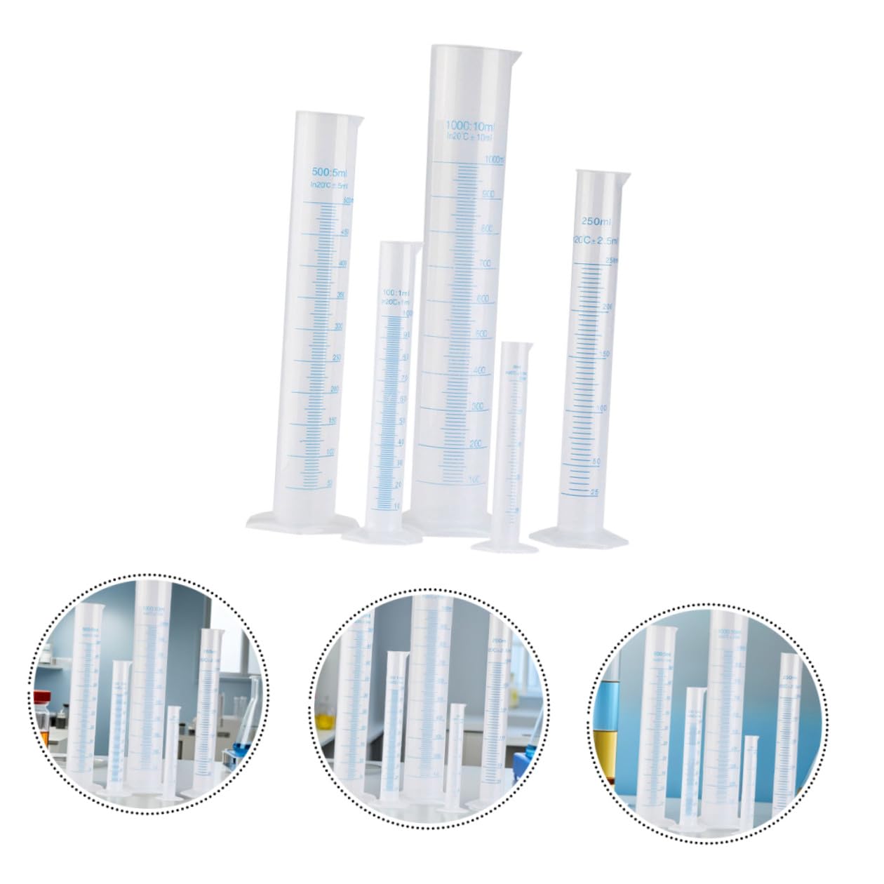 Cilindri Graduati Scala in Plastica, 5 Pezzi da 50 a 1000 Ml, Base Stabile Esagonale, Misurino per Analisi Chimiche e Uso Laboratoriale
