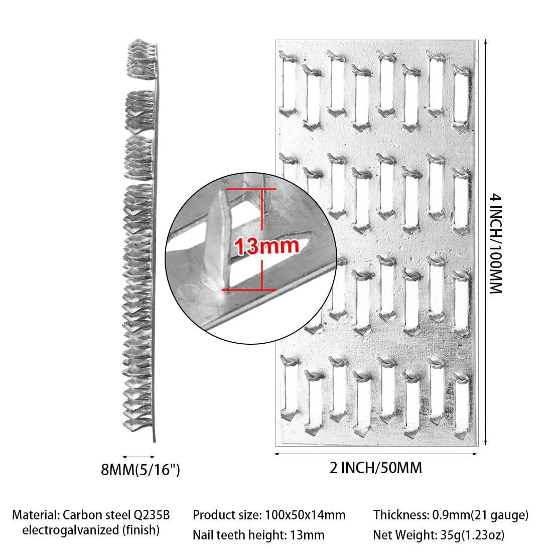 Piastra piatta a rebbe, per riparazioni, in acciaio zincato, spessore 1 mm, denti per chiodi, altezza 8 mm, per capriate e connettori in legno (5,1 x 10,2 cm)