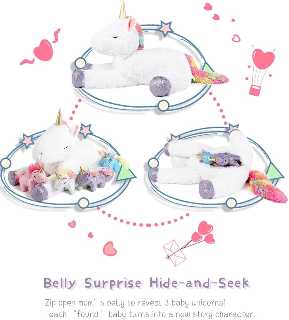 Tezituor 24 Inches Unicorn Plush Toy Set for Girls,Small Unicorn Stuffed Animal, 5Pcs Unicorns in Mommy’s Belly,Soft Unicorn Stuffy with Babies Plushie,Kids Women Gifts Christmas Valentines White