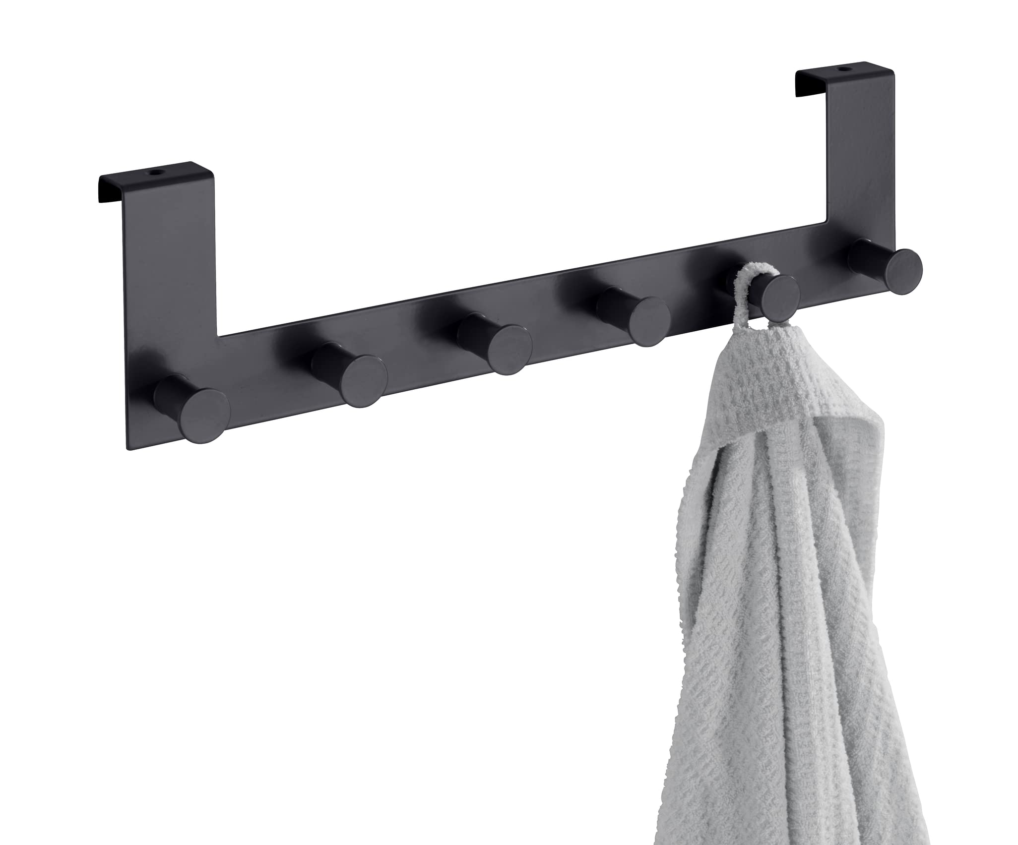 WENKO Garderoba na drzwi Celano, listwa z haczykami z 6 hakami ze stali lakierowanej do drzwi o grubości do 2 cm, ciężka jakość, 39 x 11 x 5,5 cm, czarna