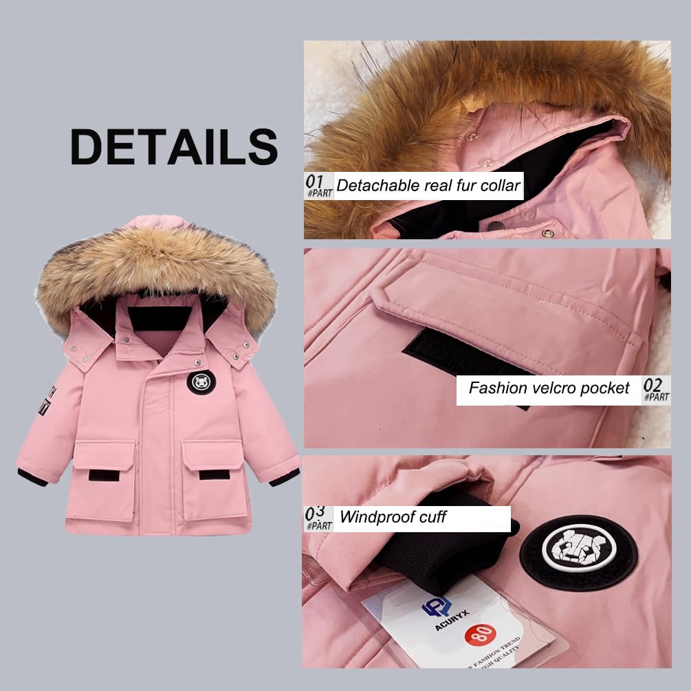 Tuta da Neve 2 Pezzi da Bambini Ragazzi Capppotto in Piuma con Cappuccio Pellicia + Salopette da Neve Bambina Giacca Invernale Impermeabile