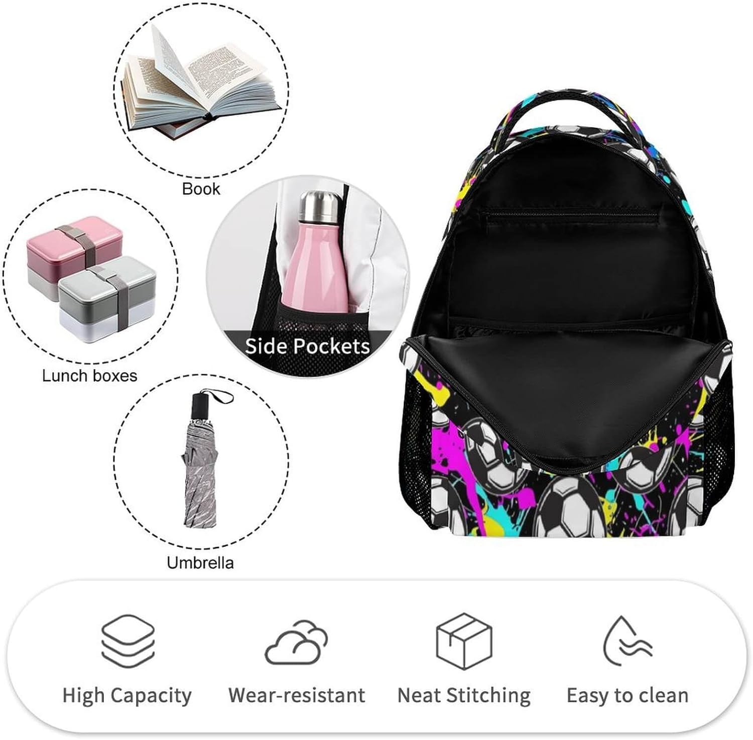 Soccer Backpack for Kids Girls Boys School, 16 Inches Cool Soccer Theme Bookbag, Adjustable, Lightweight, Large Capacity - Image 4