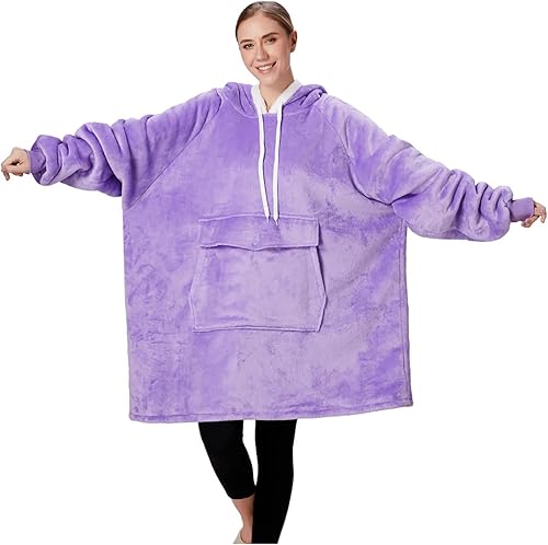 Qeils Manta con capucha de gran tamaño, cómoda sudadera de sherpa (bolsillo grande, violeta, adulto)