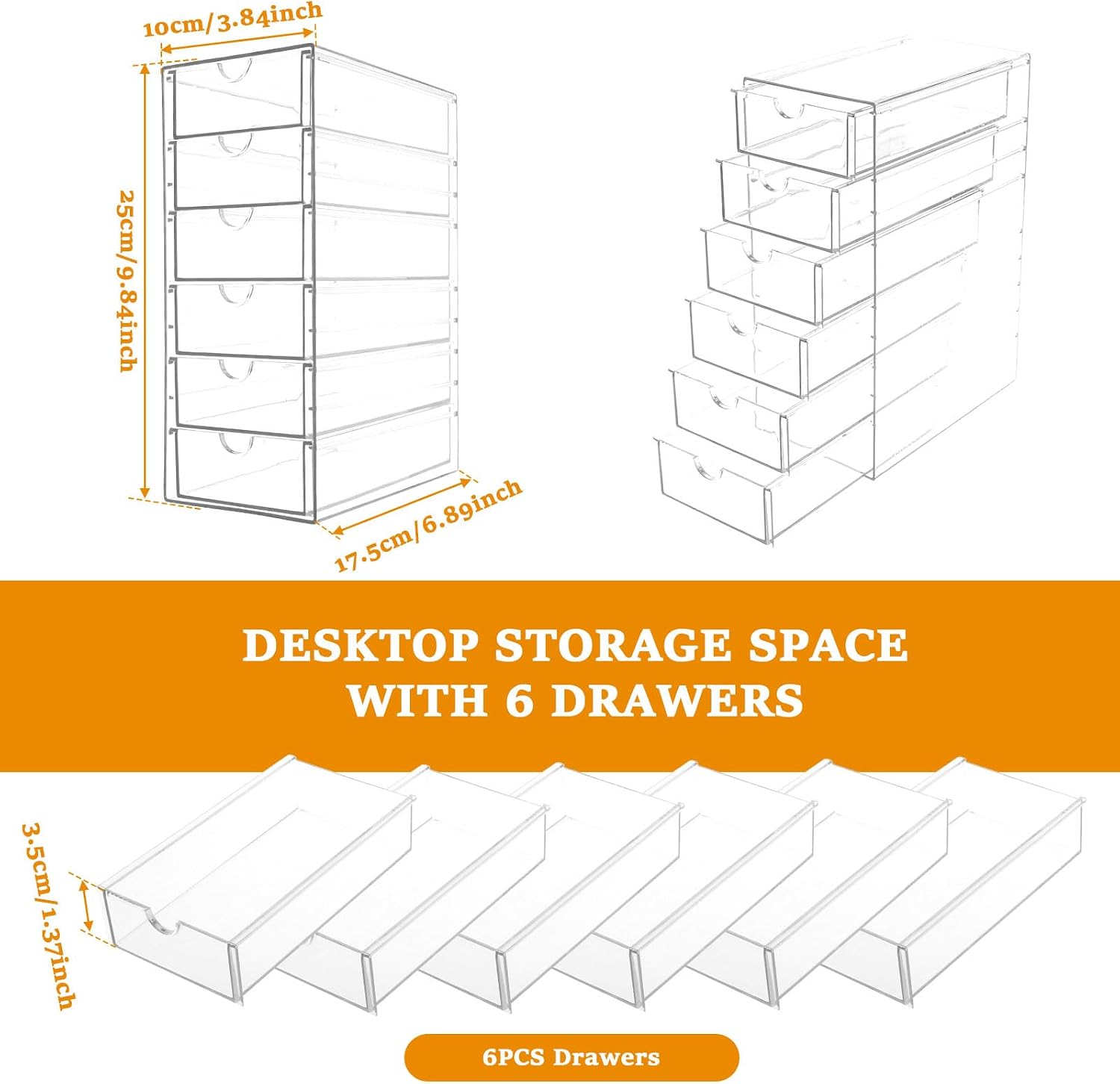 6 Tier Acrylic Drawer Organizer Clear Desk Organizer Drawers Stackable Makeup Hair Accessories with 6 Sliding Drawers Large Capacity Drawer Storage for Cosmetic Jewelry Pen Stationary image 3