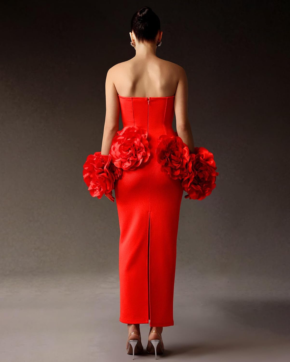 BELLA BARNETT Red Strapless Elegant Bodycon Gala Dress Radiant Red Blossoms Waist Seduced Ruffle Dress