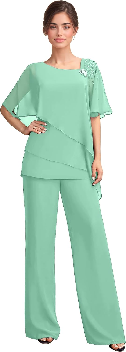 2 Pieces Tiered Chiffon Mother of The Bride Pant Suits for Wedding Guest - Asymmetric Beaded Formal Pantsuits