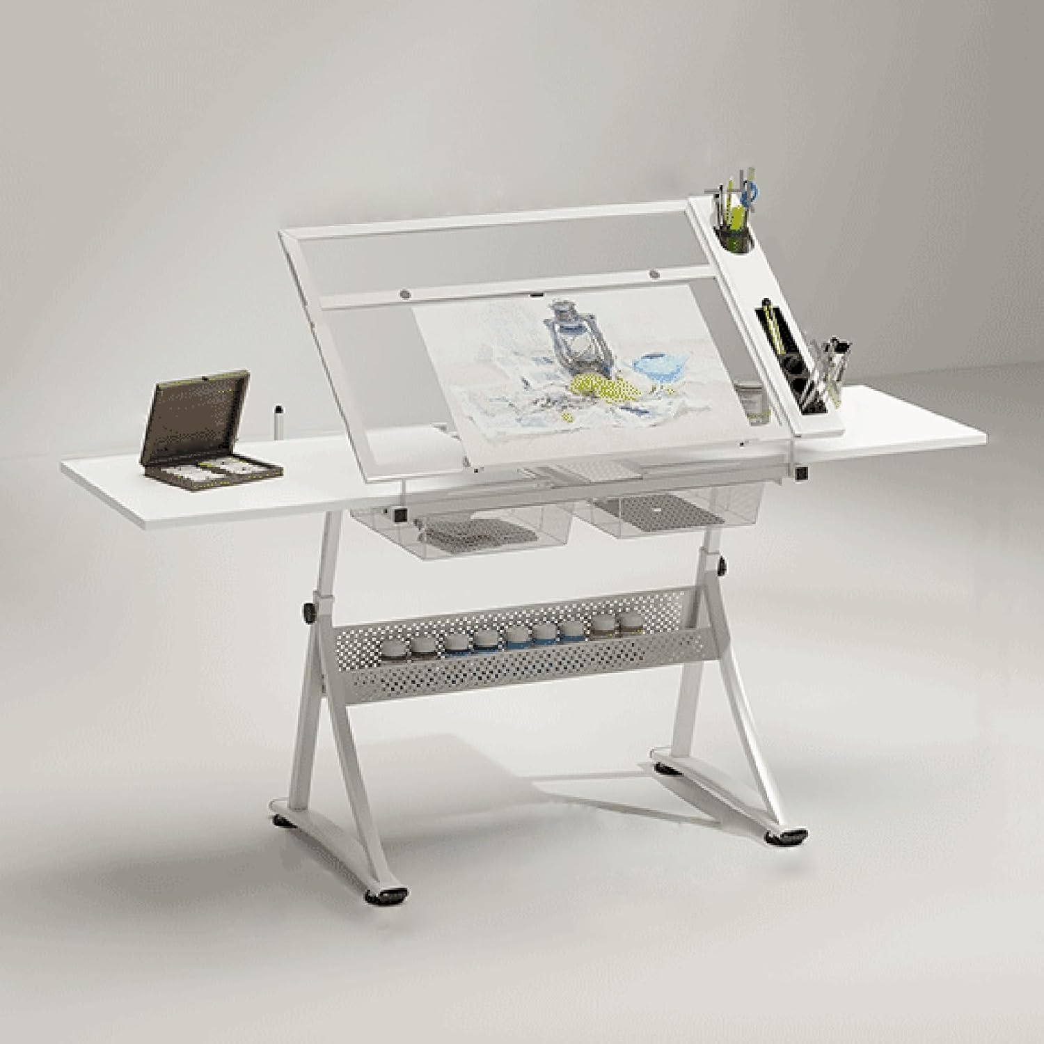 Drafting Table Desk Artist Desk, 0°-50° Tilting Acrylic Top, Height Adjustable, All-in-One Art Desk for Reading, Writing, Crafting, Painting Art,White,2*Side Tray