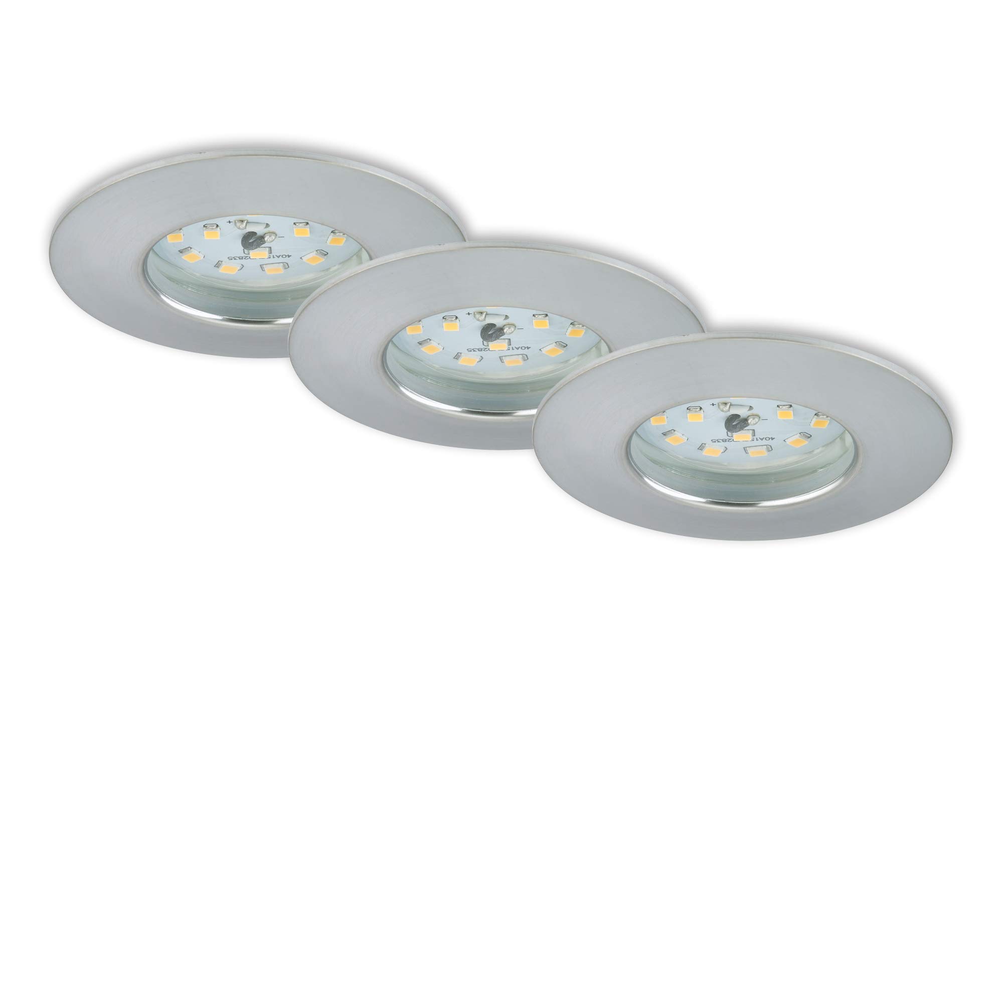BRILONER Leuchten – Recessed LED Downlight, Set of 3 dimmable LED Ceiling Lights, 6.5 Watt, 570 Lumens, 3,000 Kelvin, IP44, Aluminium Colour, 75x28mm (DxH)