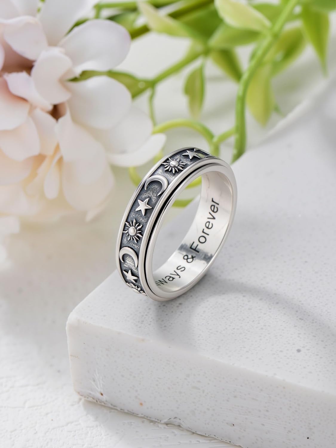 Midari Sun Moon and Star Anxiety Fidget Spinning Rings 925 Sterling Silvers Stress Relieving Boredom ADHD Autism Ring Sun Moon Anxiety Jewelry Gift for Women Men Autism(Size 7)