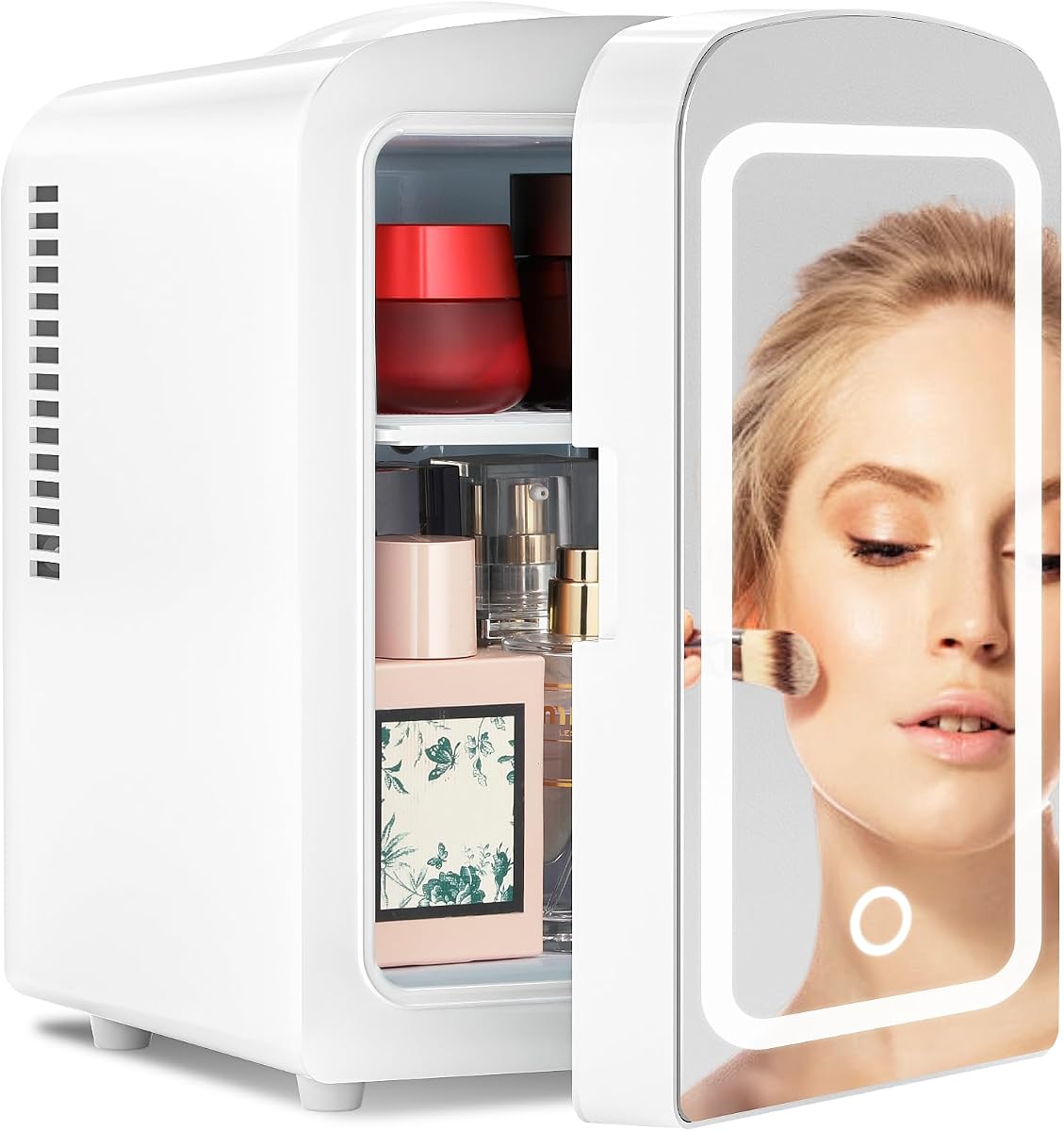 Antarctic Star Makeup Compact Refrigerator with LED Mirror, 4L Mini Fridge, Skin Care, for Bedroom, Car, Office & Dorm, Portable Small Cooler for Cosmetics, White