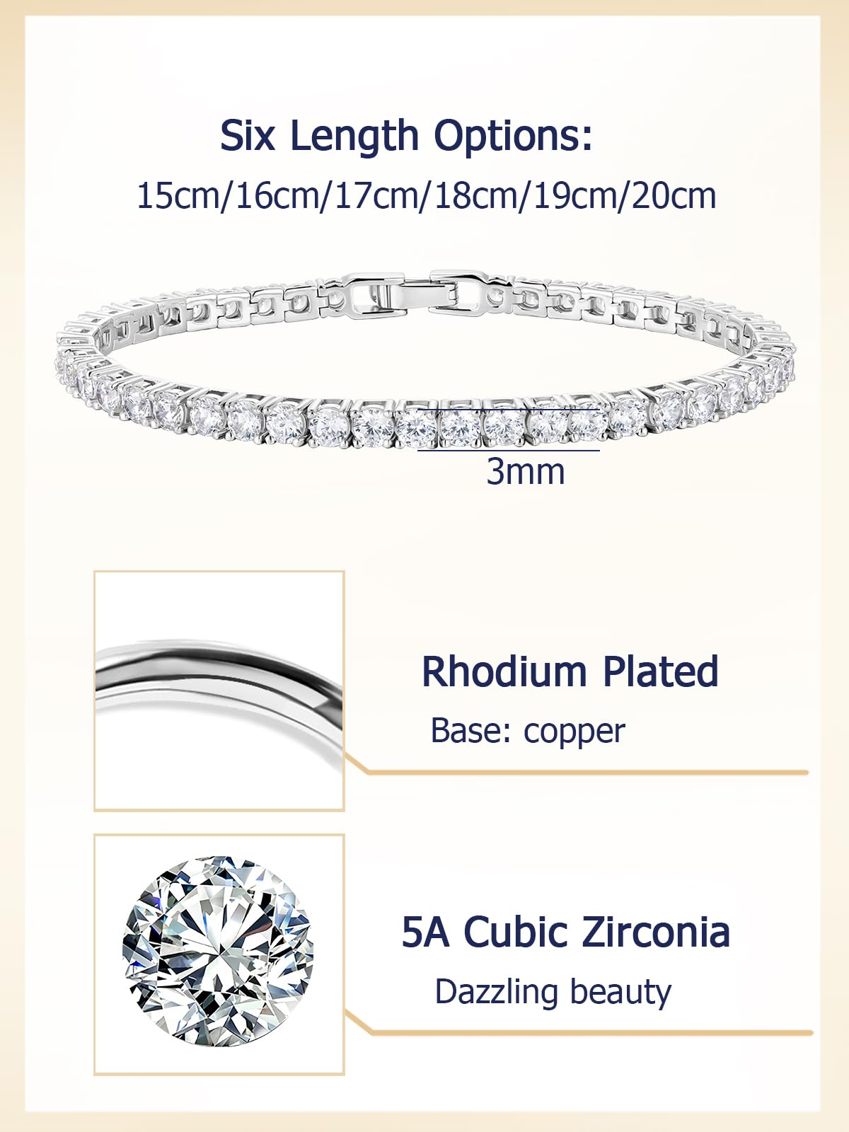 Braccialetto tennis da donna con zirconia cubica 5A, placcato al rodio/oro giallo, ipoallergenico, gioiello per compleanno, matrimonio, anniversario