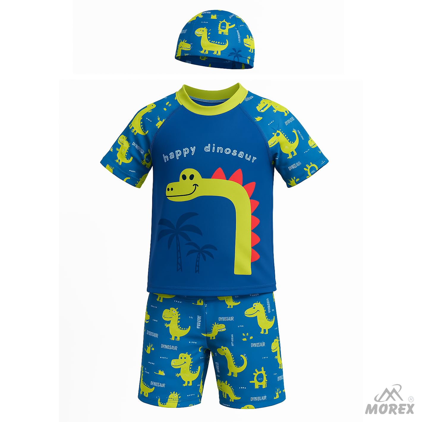 Morex 3 Pcs Printed Swimming Costume Set for Boys & Girls | T-Shirt, Shorts & Cap Three-Piece UV Protective Swimming Costume for Kids | I Pool & Beach Fun Use - Dragon (Dark Blue)_5-7Y 1