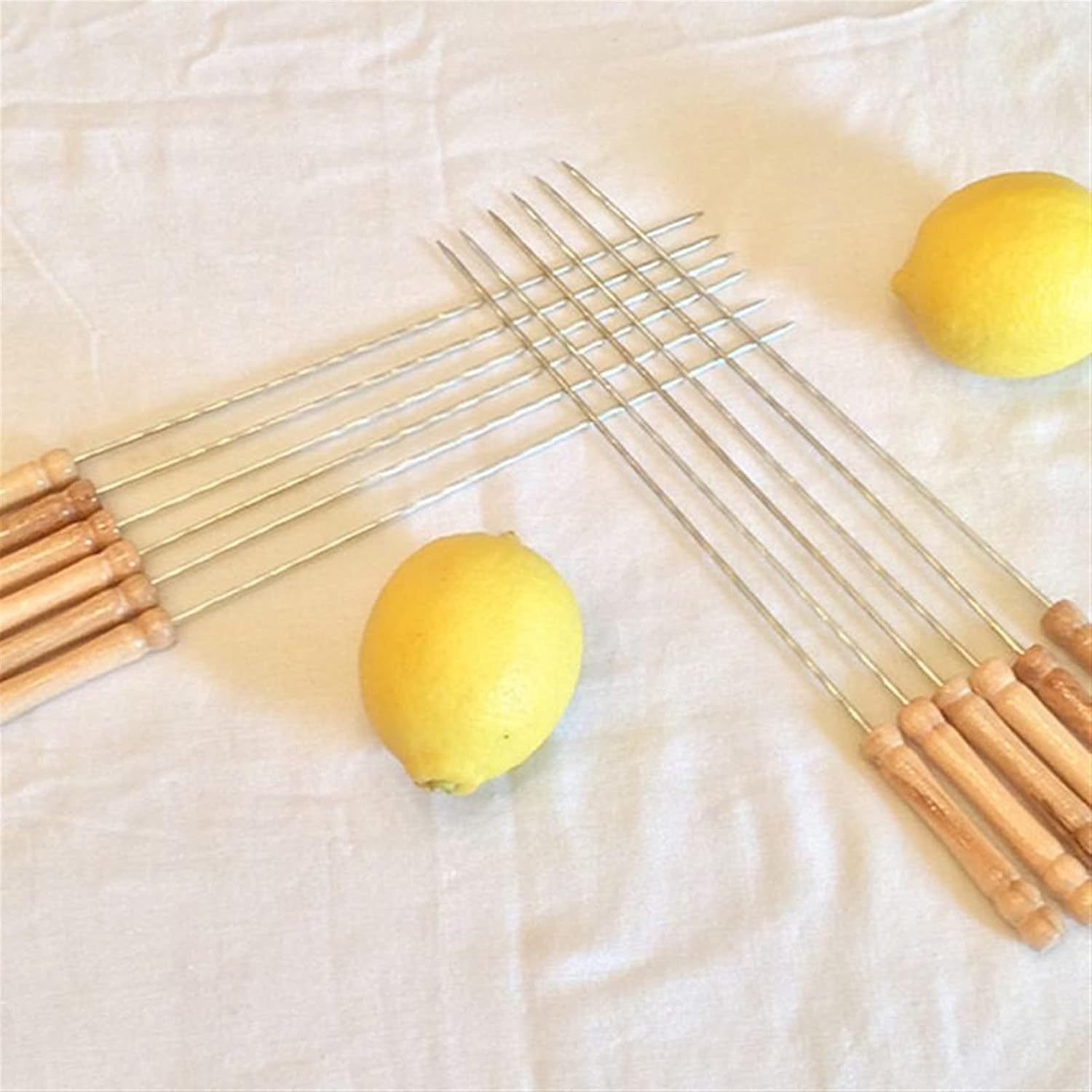 Skewers 12pcs Stainless Steel BBQ Skewer Wooden Handle BBQ Needle Reusable Barbecue Meat String Grill Fork Outdoor Cooking Tool (Color : 12PCS)