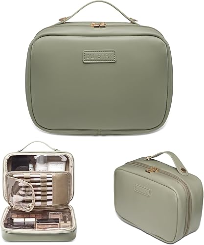 OutSpry Bolsa de maquillaje de viaje con divisor de brochas de maquillaje desmontable Bolsa de cosméticos de piel sintética de gran capacidad, bolsa
