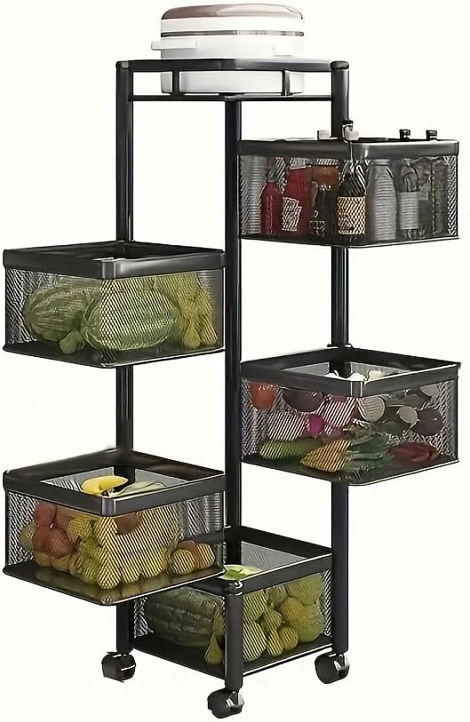 Fruit Basket Fruit and Vegetable Basket Bowls for Kitchen with Metal Top Lid,5 Tier Rotating Storage Rack Cart for Potato Onion Bread Banana, Wire Basket Organizer on Wheels, Large, Black