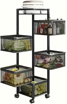 Fruit Basket Fruit and Vegetable Basket Bowls for Kitchen with Metal Top Lid,5 Tier Rotating Storage Rack Cart for Potato Onion Bread Banana, Wire Basket Organizer on Wheels, Large, Black