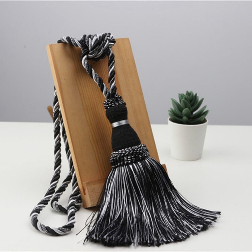 2 Pack Boho Decorative Curtain Tiebacks,No Drill Curtain Holdbacks with Tassel,Tassel Tie Backs Curtain Tied Rope Decoration(black)