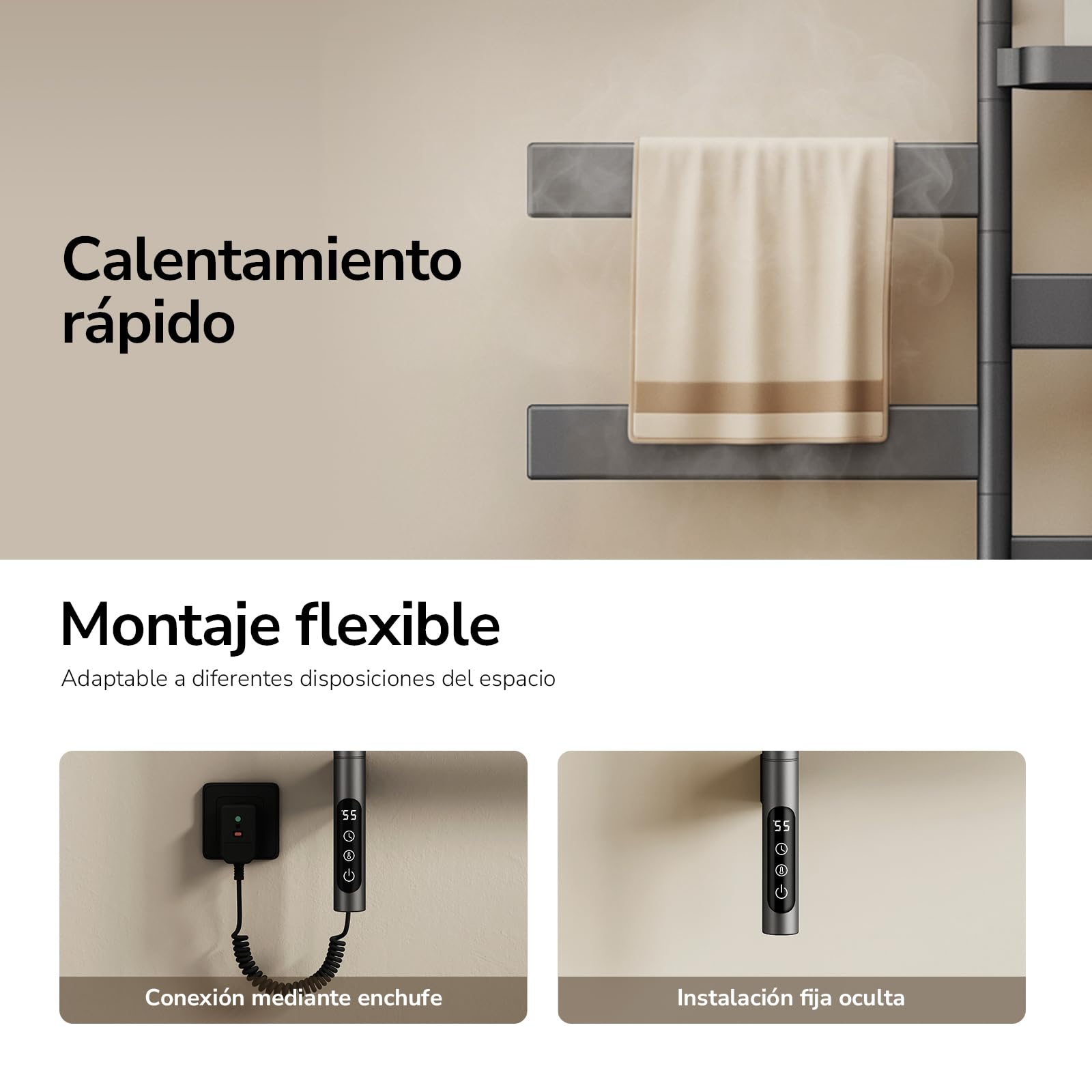 EMKE Toallero Eléctrico Giratorio WiFi, 77x45 cm, Estante,Antracita | Radiador Toallero de Pared con Estante, Fibra de Carbono, 6 Modos,Bajo Consumo,2 formas de instalación
