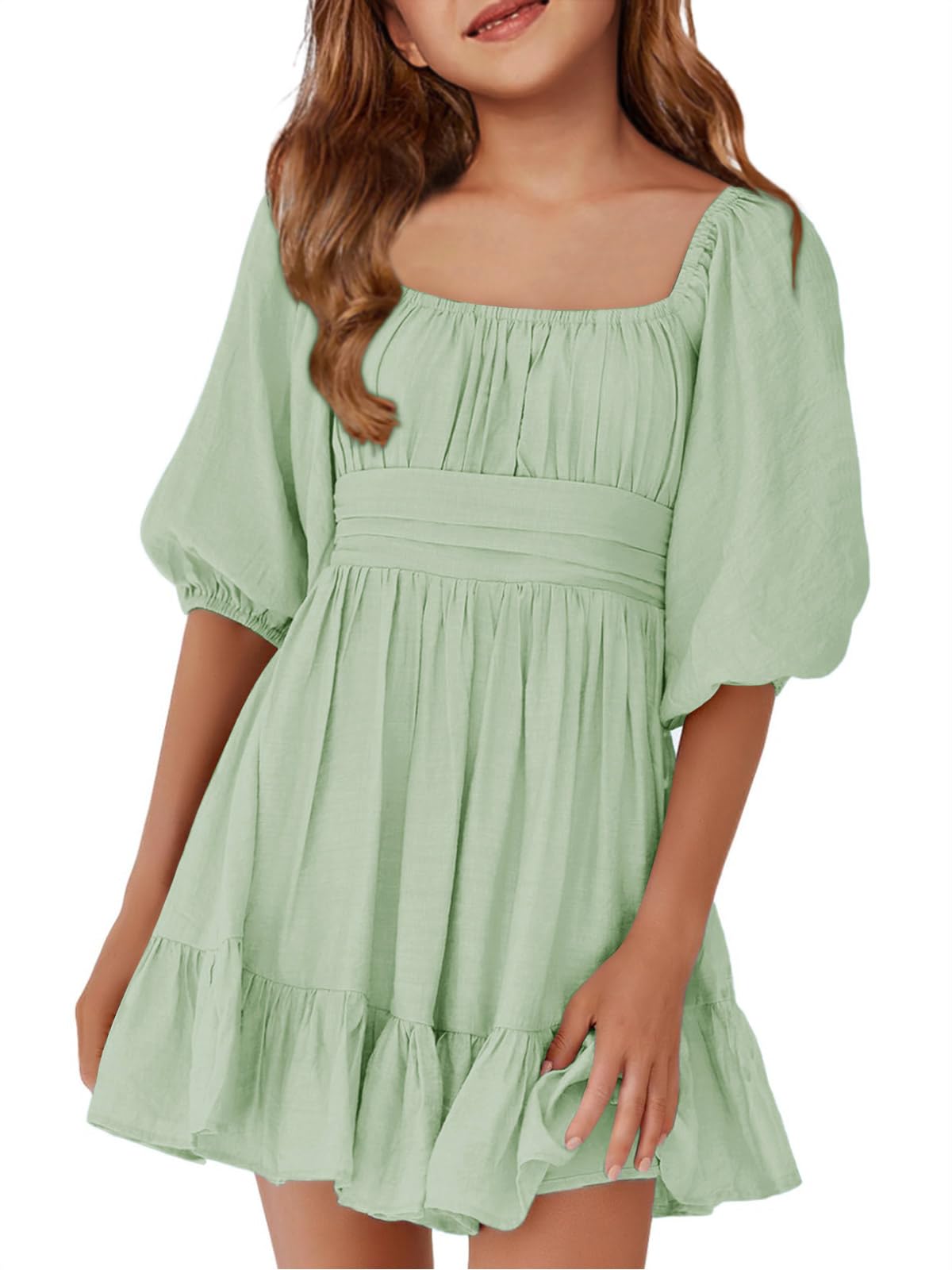 Girls Summer Dresses Square Neck Lantern Sleeve Tie Backless Ruffle A-Line Party Mini Dress