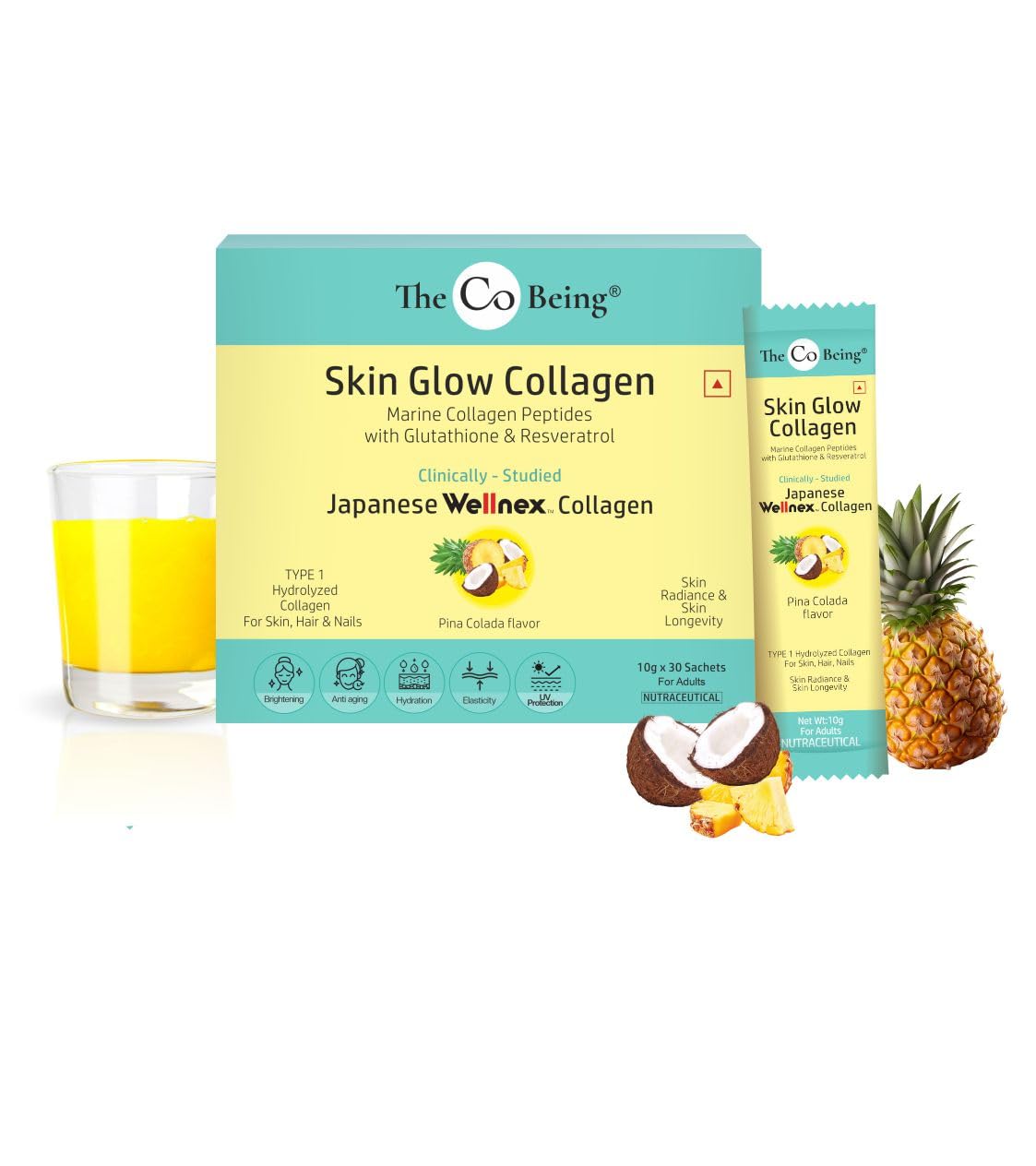 The Co Being Skin Glow Collagen Powder | Collagen Supplements for Skin and Hair | Formulated with Resveratrol, Glutathione, Hyaluronic Acid, Vitamin C & Biotin | 10g x 30 Sachets | Pina Colada