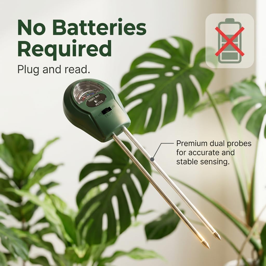 Medidor de pH del Suelo 3 en 1, Higrómetro de Suelo Medidor de Humedad del Suelo con pH Tester de Tierra sin Batería para Plantas Grandes de Interior y Exterior Flores Césped Jardinería