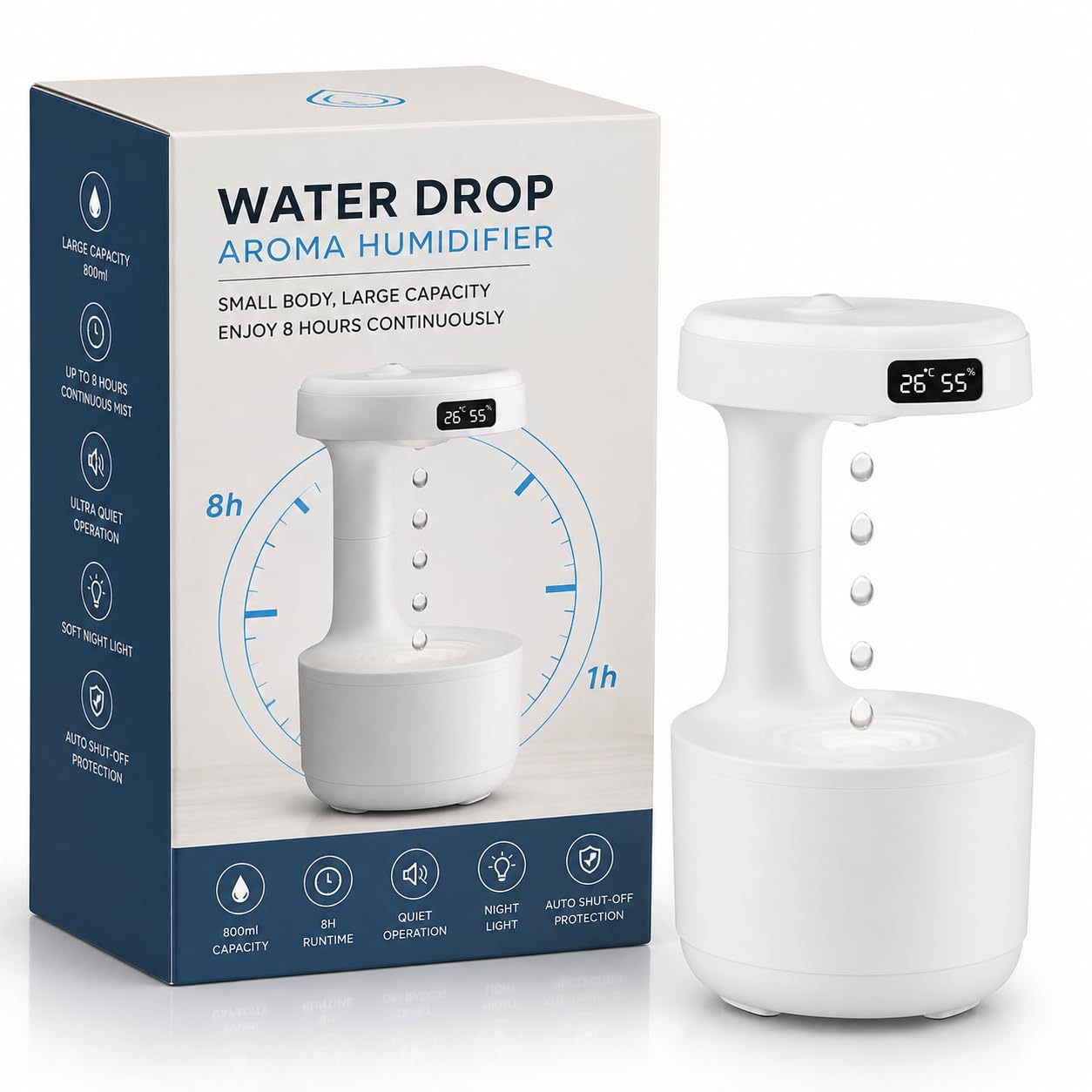 Anti-Gravity Water Drop Humidifier with LED Display 800ml - USB Cool Mist Night Light Diffuser for Home, Office and Bedroom-image-10