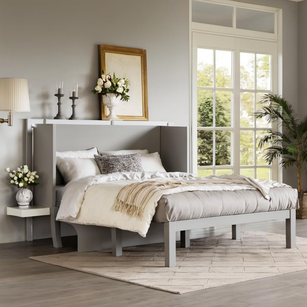 PVWIIK Queen Size Multi-Functional Bed Frame with Side Shelves and USB for Girls/Boys,Home Office, Studio,Bedroom,Cabinet Murphy Bed w/Plank Support,