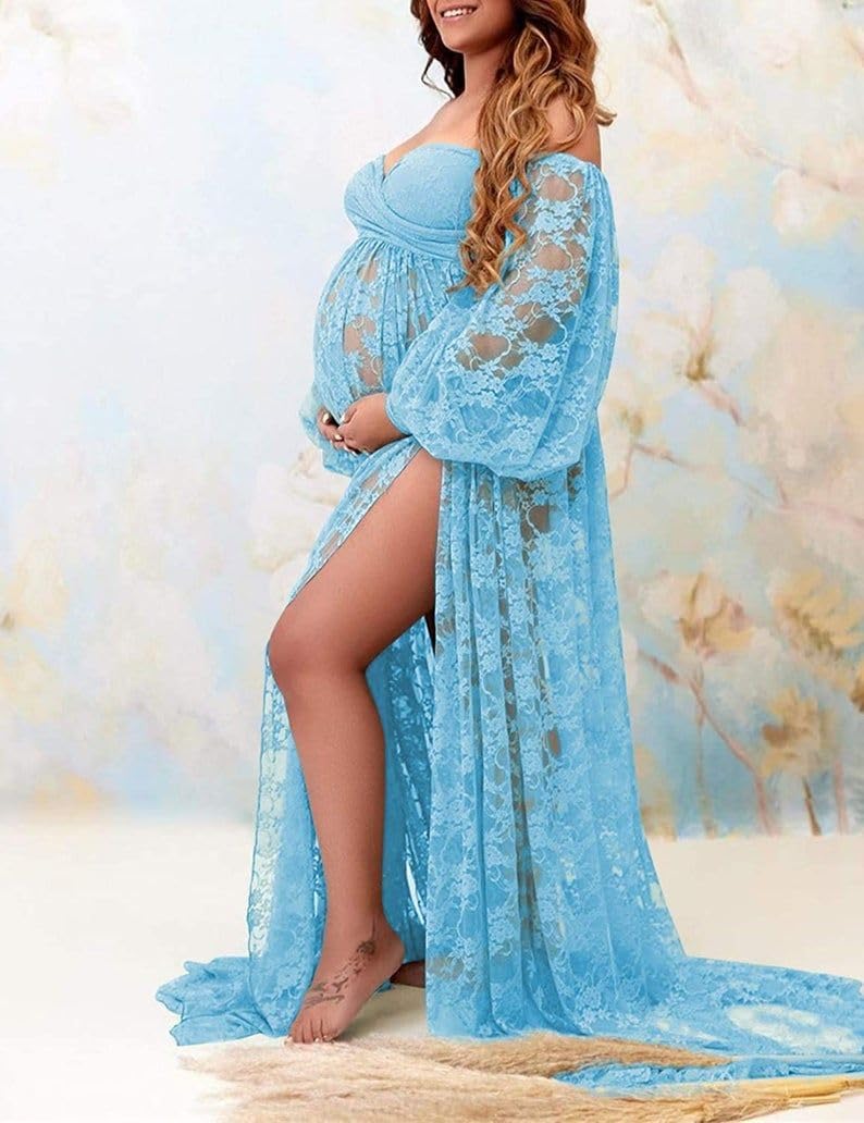 Saslax Soft Stretchy Lace Off Shoulder Doubly Split A-line Skirt Maternity Dress Pregnancy Maxi Gown for Photoshoot - Image 8