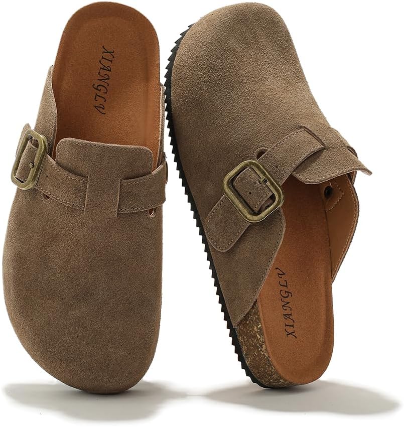 Women's Suede Clogs Leather Mules Comfort Cork Footbed Sandals Potato Shoes with Arch Support