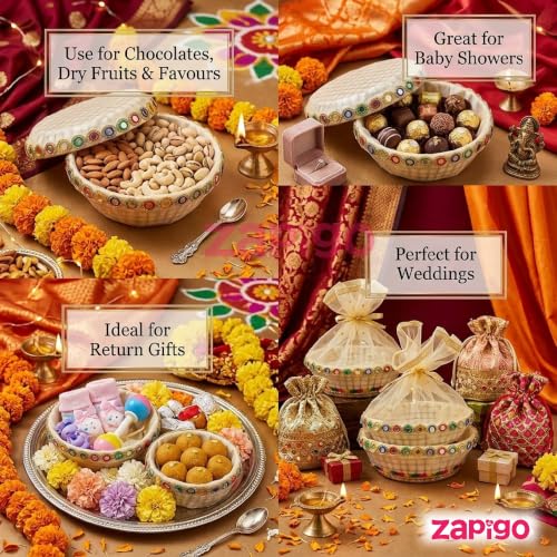 Image of Habba Net Frill Gift Basket with Mirror Work & Gold Ribbon, 9 Inch Decorative Hamper Basket for Gifts, Sweets & Dry Fruits, Wedding, Baby Shower, Griha Pravesh & Festive Return Gift Box, Pack of 10