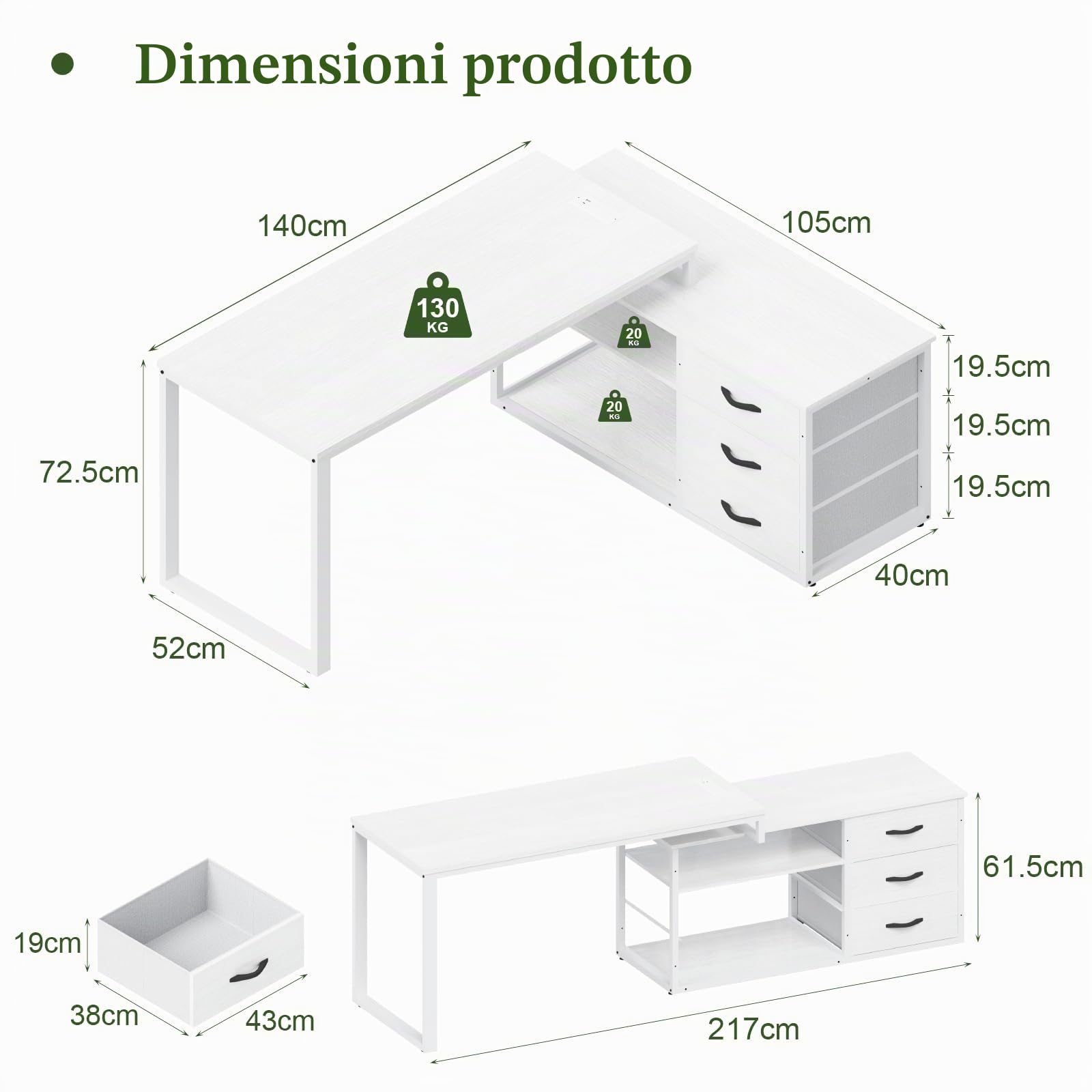 JUMMICO Scrivania angolare con 3 cassetti, scrivania reversibile a forma di L, 140 x 105 cm, con spazio aggiuntivo, scrivania da ufficio con presa di corrente, altezza divisoria regolabile, bianco