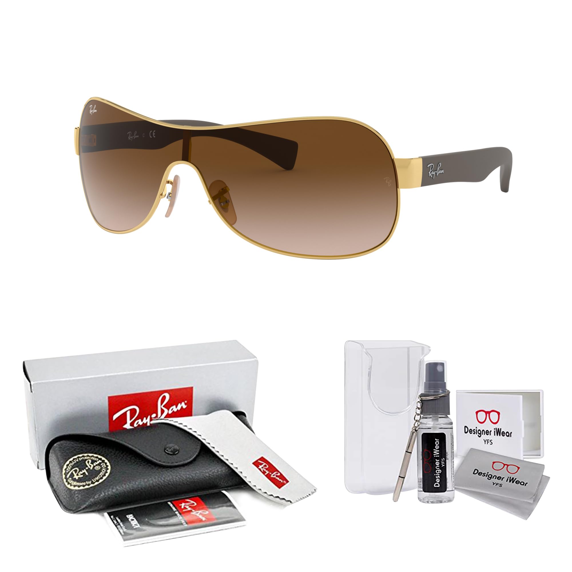 Ray-Ban RB3471 001/13 32M Gold/Plastic Lens Brown Gradient Shield Sunglasses For Men For Women + BUNDLE with Designer iWear Eyewear Kit