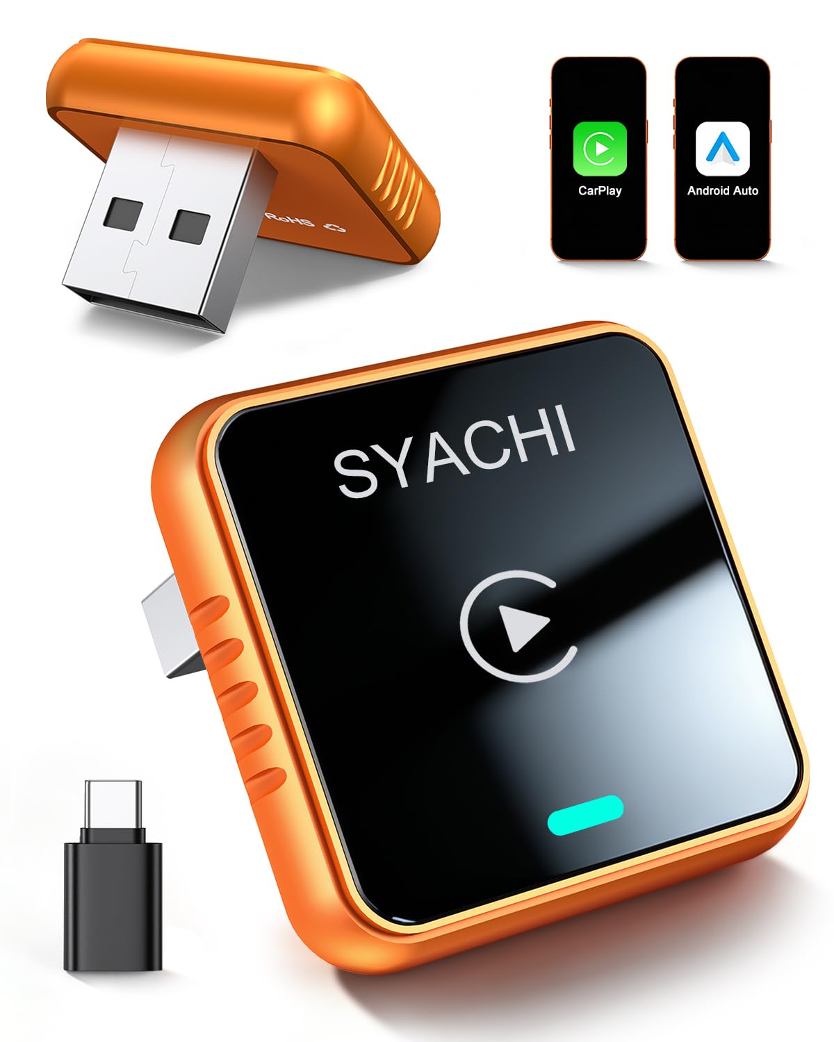 SYACHI 2 en 1 Adaptador CarPlay Inalámbrico con USB A/Tipo-C, Convierte Cableado a Inalámbrico, para iPhone iOS 10+ & Android Auto, Compacto y Estable Bluetooth Car Play Wireless Adapter
