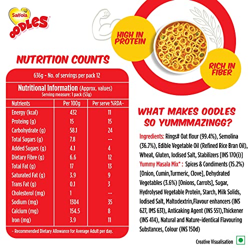 Image of Saffola Oodles, Instant Noodles, 12 x 53g & Classic Masala Oats, 500g