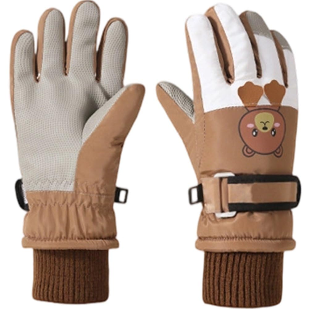 Hrippy Boys Brown Kids Winter Ski Gloves Windproof Thickened Five-Finger Gloves Cartoon Animal Printed Non-Slip Warm Outdoor Skating Mitten